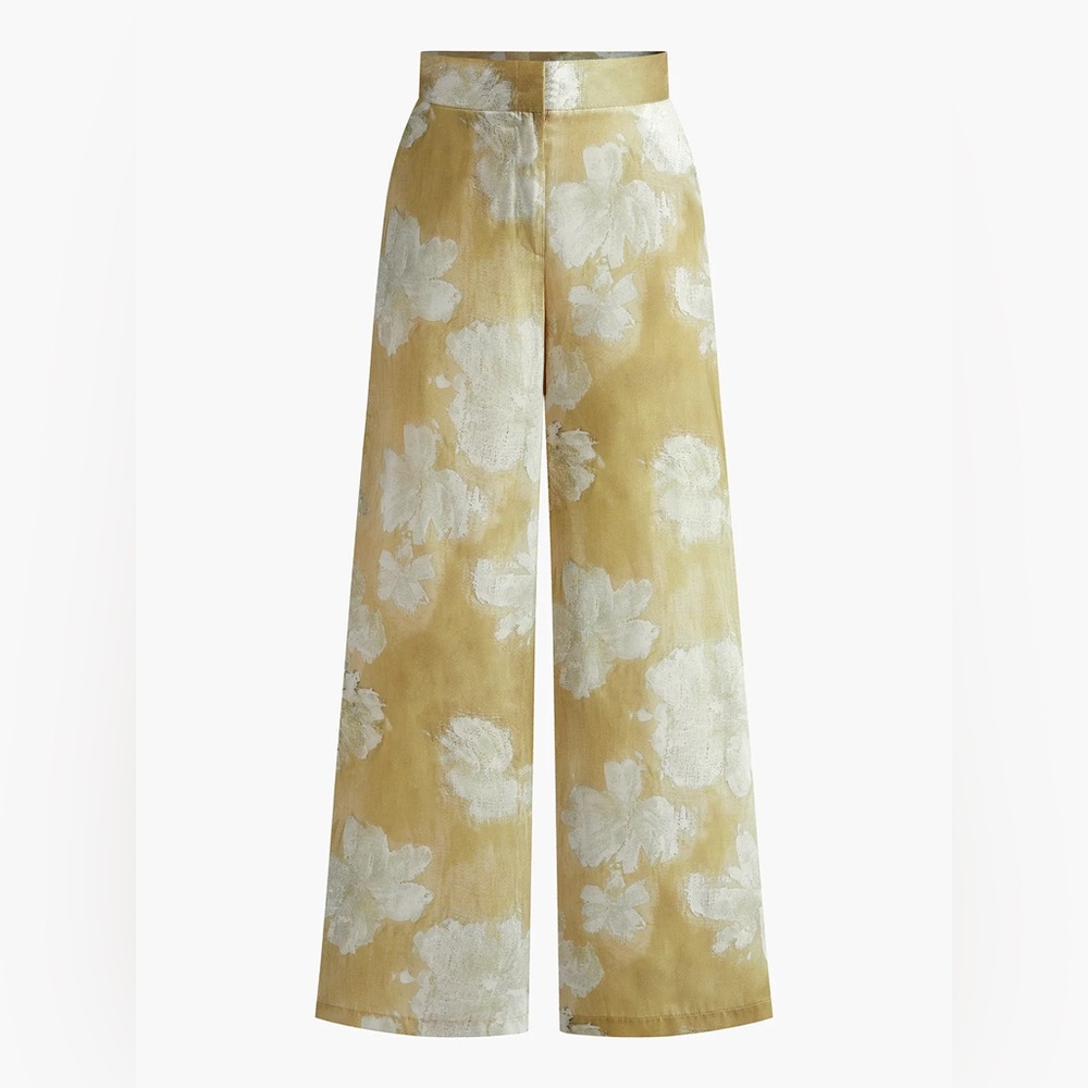 Commense Pale Yellow Floral Jacquard Wide-Leg Pants